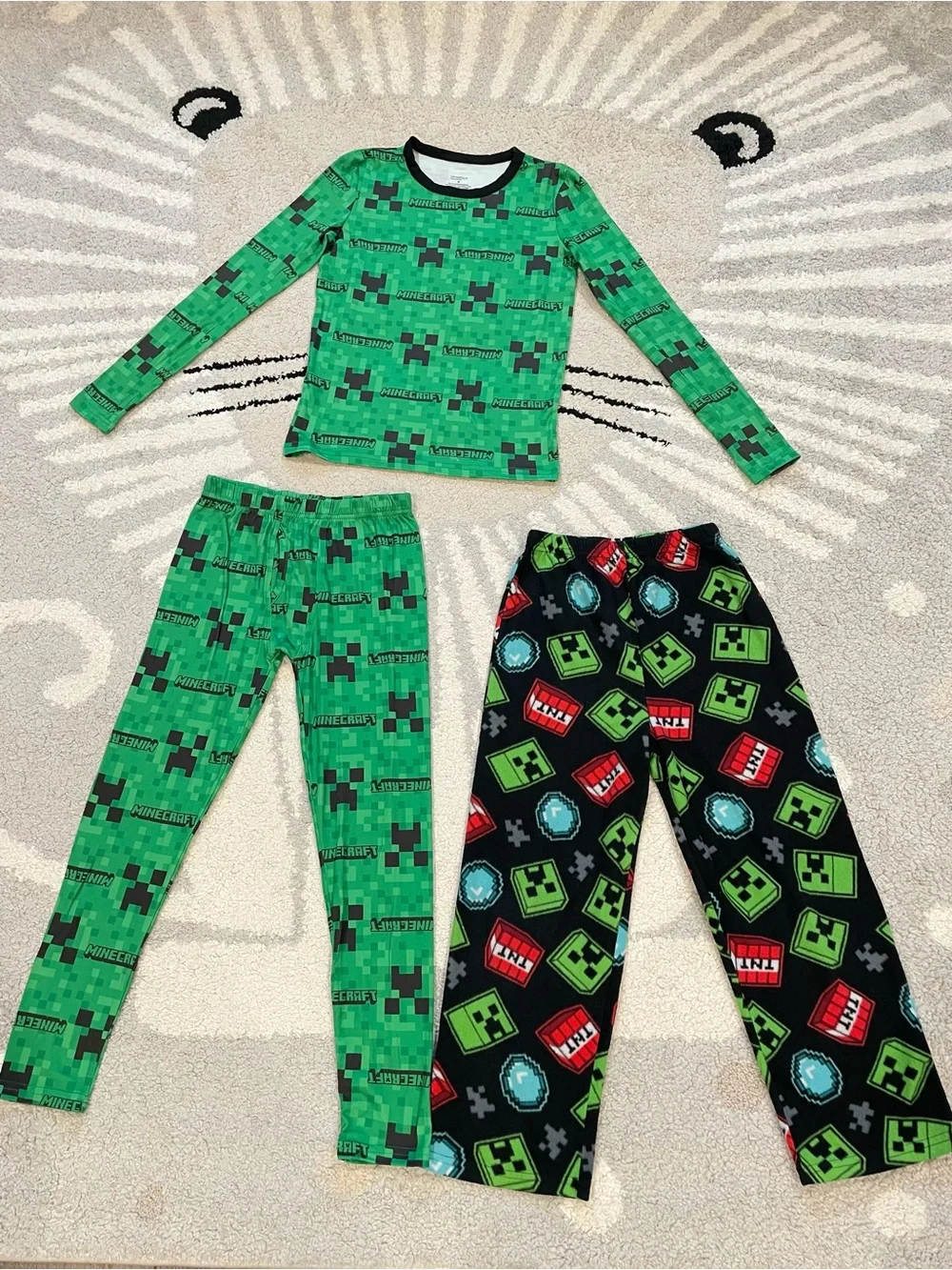 Kids Green Creeper Pajama Set - 3-Piece Long Sleeve & Pants